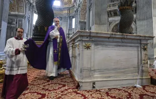 Cardinal Mauro Gambetti, archpriest of St. Peter’s Basilica, presides over a penitential rite on June 3, 2023, two days after a Polish man stripped naked and stood on the basilica’s high altar. Vatican Media