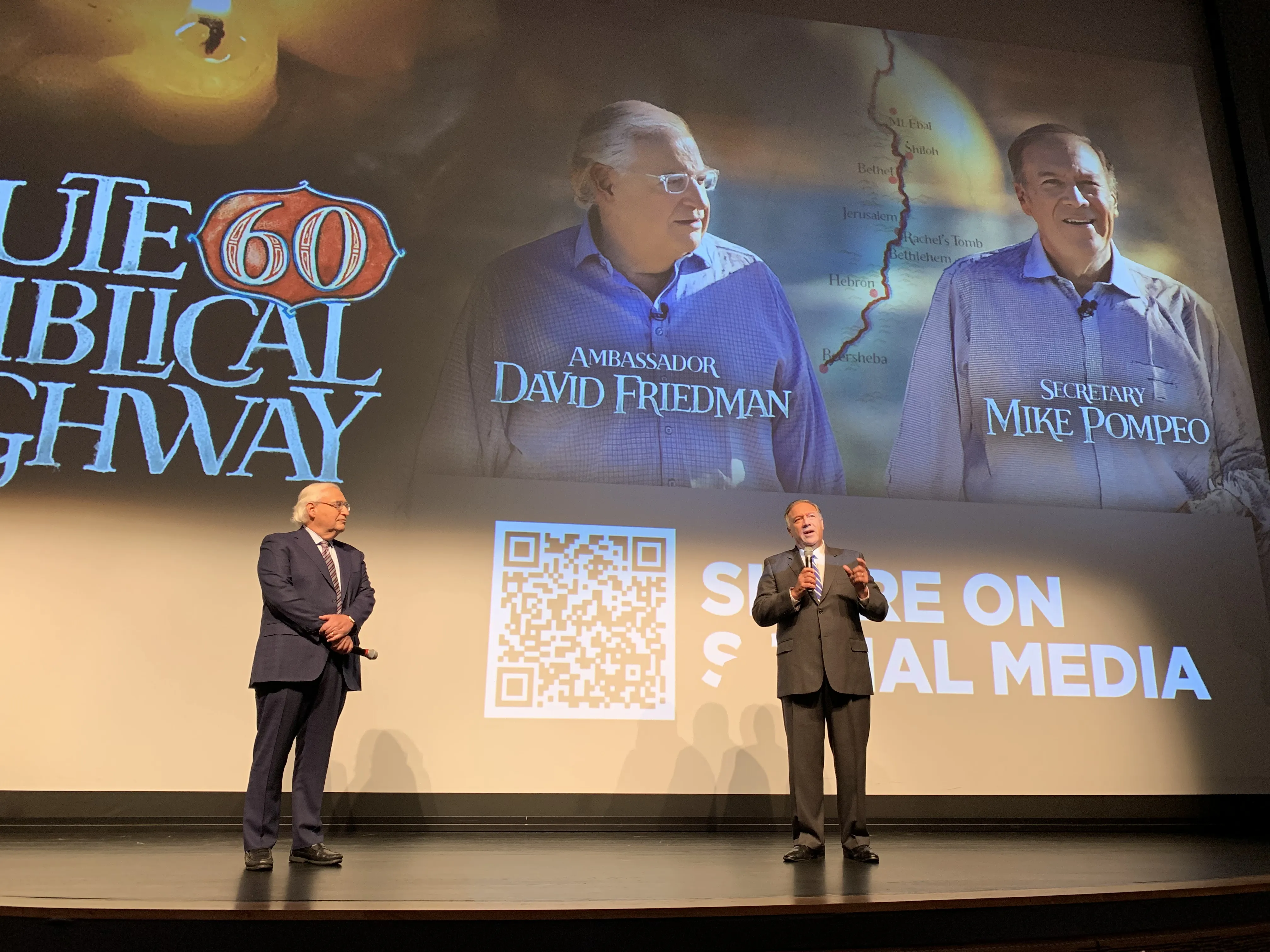 Former U.S. Ambassador to Israel David Friedman, left, and Former Secretary of State Mike Pompeo speak before the Sept. 12, 2023, premiere of their movie "Route 60: The Biblical Highway" at the Museum of the Bible. Credit: Jonah McKeown/CNA
