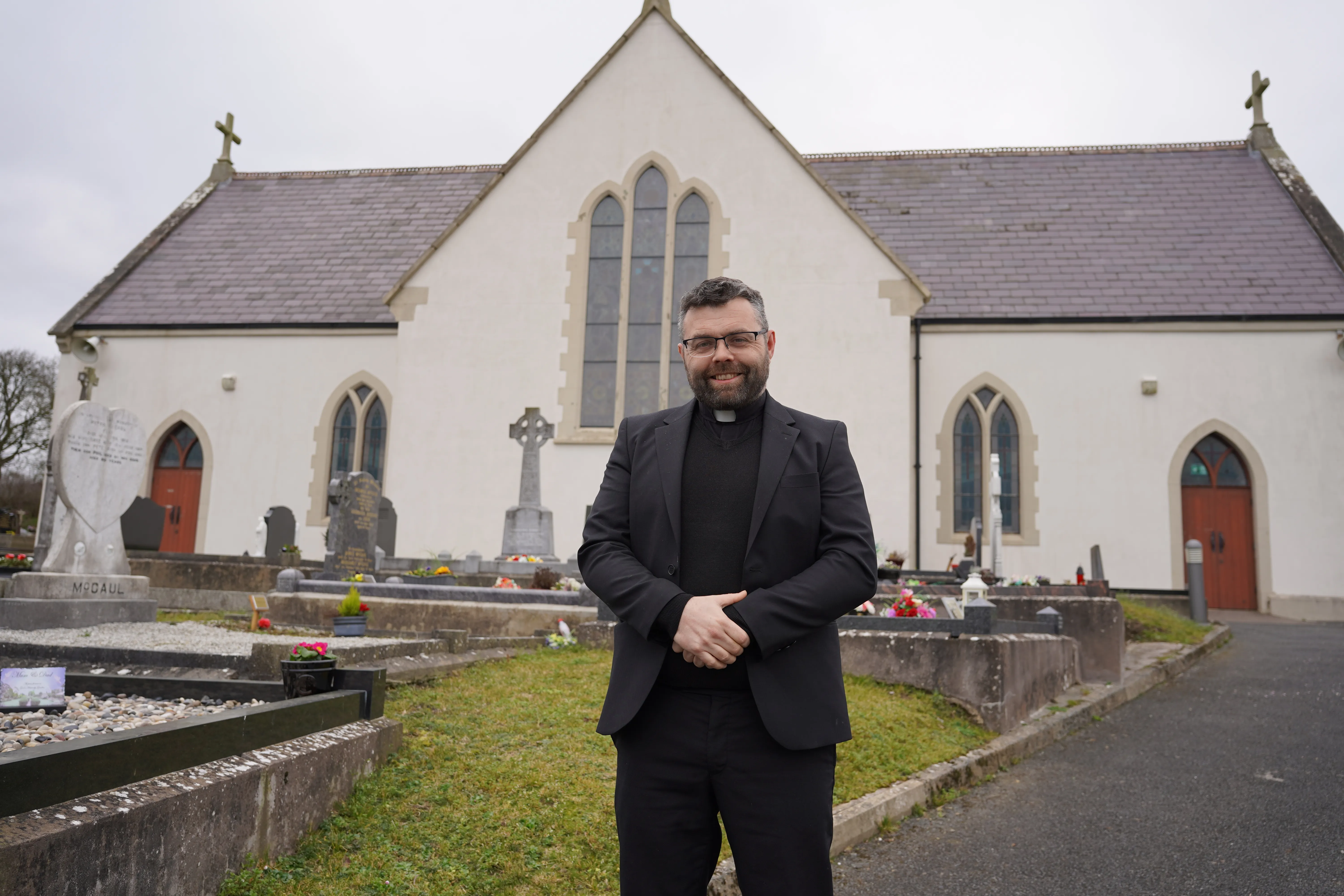 Father Owen Gorman stands outside of the Church of the Sacred Heart, one of his parishes in County Monaghan, Ireland. Colm Flynn/EWTN