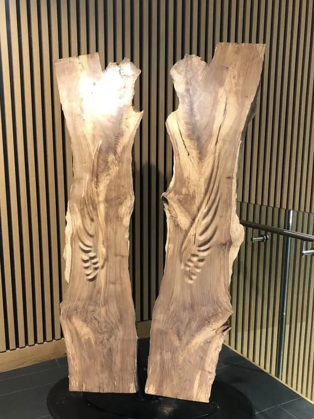 This piece of walnut (gallchnó) was recovered from the campus grounds and carved by Ulster University graduate James McSparron to mark 1,500 years since the birth of Colm Cille — the “dove of the Church” — in 2021. Dr Niall Comer