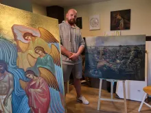 Ukrainian refugee and artist Serhii Kolodka in his studio at Holy Eucharist Ukrainian Catholic Cathedral, where he is putting the finishing touches on two large icons destined for Holy Spirit Parish in New Westminster, British Columbia, Canada.