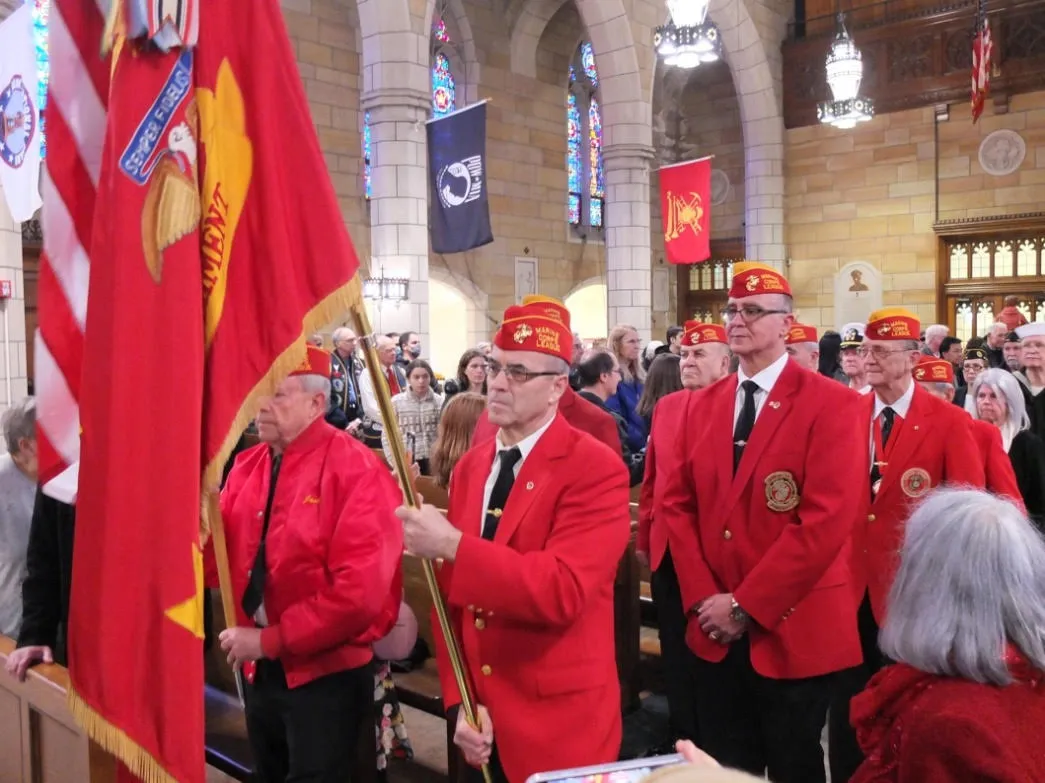 Several veterans’ organizations, including the Marine Corps League, participated in a presentation of colors to begin the Four Chaplains 80th Anniversary Mass at St. Stephen’s Church in Kearny, New Jersey, on Feb. 5, 2023. Credit: Archdiocese of Newark/Sean Quinn