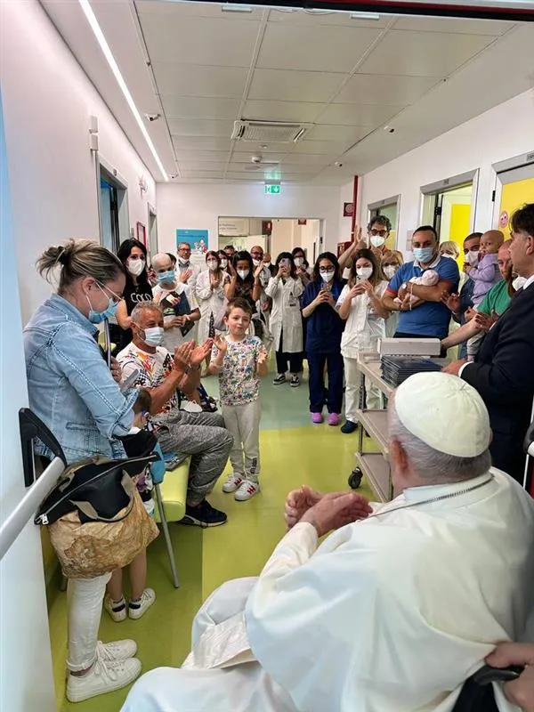 During his last full day of hospitalization on June 15, 2023, Pope Francis visits the pediatric oncology ward of Gemelli Hospital, which is next to his own hospital suite. Credit: Vatican Media