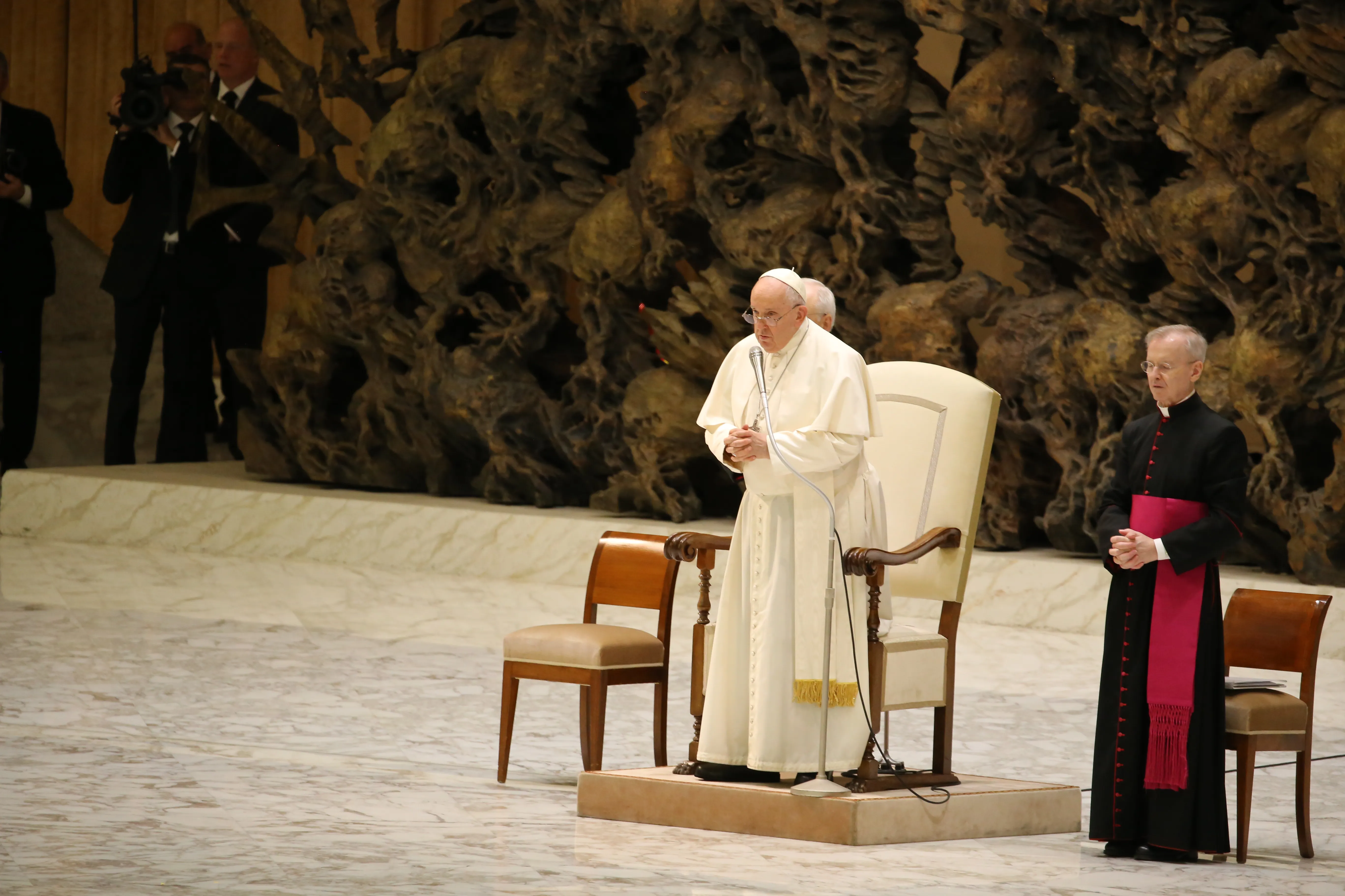 Pope Francis prayed the Our Father at the end of the general audience in the Vatican's Paul VI Hall on Aug. 30, 2023. Adi Zace/CNA