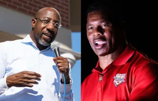 Sen. Raphael Warnock, D-Georgia, (left) speaks at a campaign event on Election Day, Nov. 8, 2022. 
Republican U.S. Senate candidate Herschel Walker (right) speaks to supporters in Kennesaw, Georgia, Nov. 7, 2022. The two squared off in a tight race Tuesday, Nov. 8, 2022. If neither candidate receives 50% plus one vote needed, they will head to a runoff in December. Photo by Megan Varner/Getty Images and Photo by SETH HERALD/AFP via Getty Images