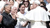 Pilgrims from China greets Pope Francis during his general weekly audience in St. Peter's Square on May 22, 2019, at the Vatican.