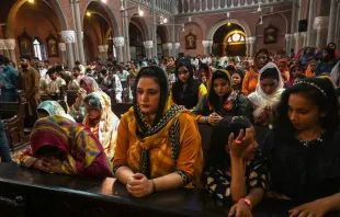 Members of the faithful attend an Easter Sunday Mass at the Sacred Heart Cathedral in Lahore, Pakistan, on April 17, 2022. A July 2022 report from the Center for Social Justice discussed the issues of blasphemy laws, forced conversion, and biased school curriculum for religious minorities in the country. Photo by ARIF ALI/AFP via Getty Images