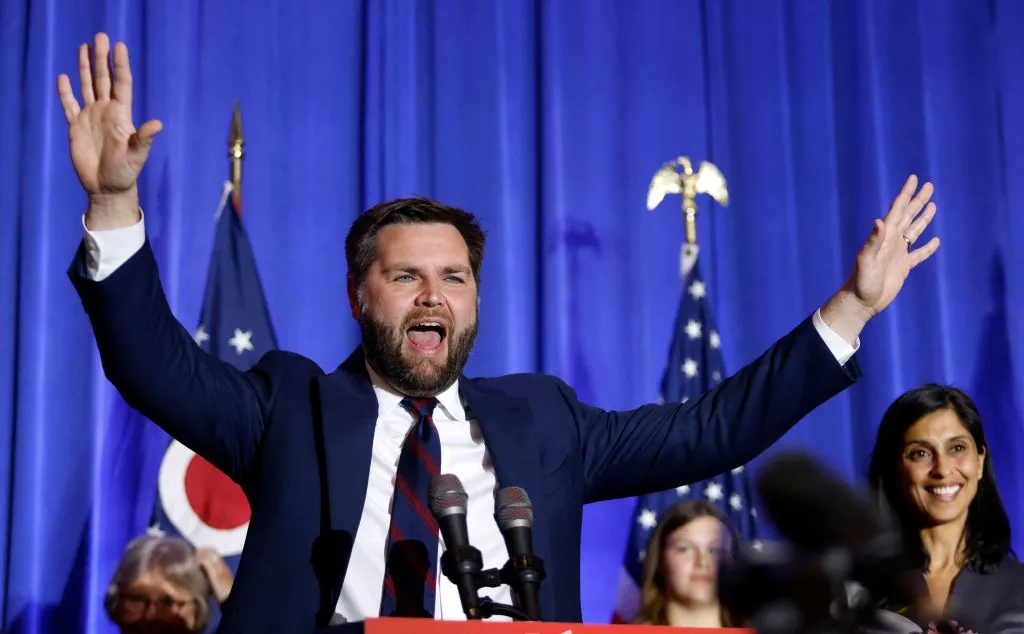 J.D. Vance gestures as he speaks during the Ohio Republican Party election night watch party reception in Columbus, Ohio, on Nov. 8, 2022. Vance, the best-selling "Hillbilly Elegy" author, won a contentious race for Ohio's open U.S. Senate seat on Nov. 8, 2022, networks projected.?w=200&h=150