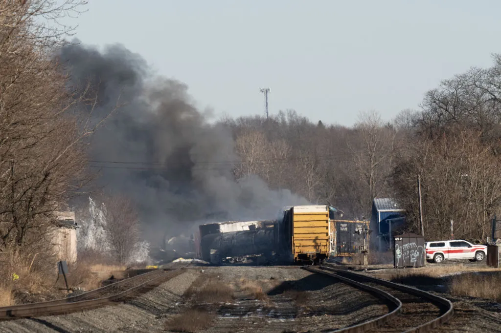 Smoke rises from a derailed cargo train in East Palestine, Ohio, on Feb. 4, 2023.?w=200&h=150