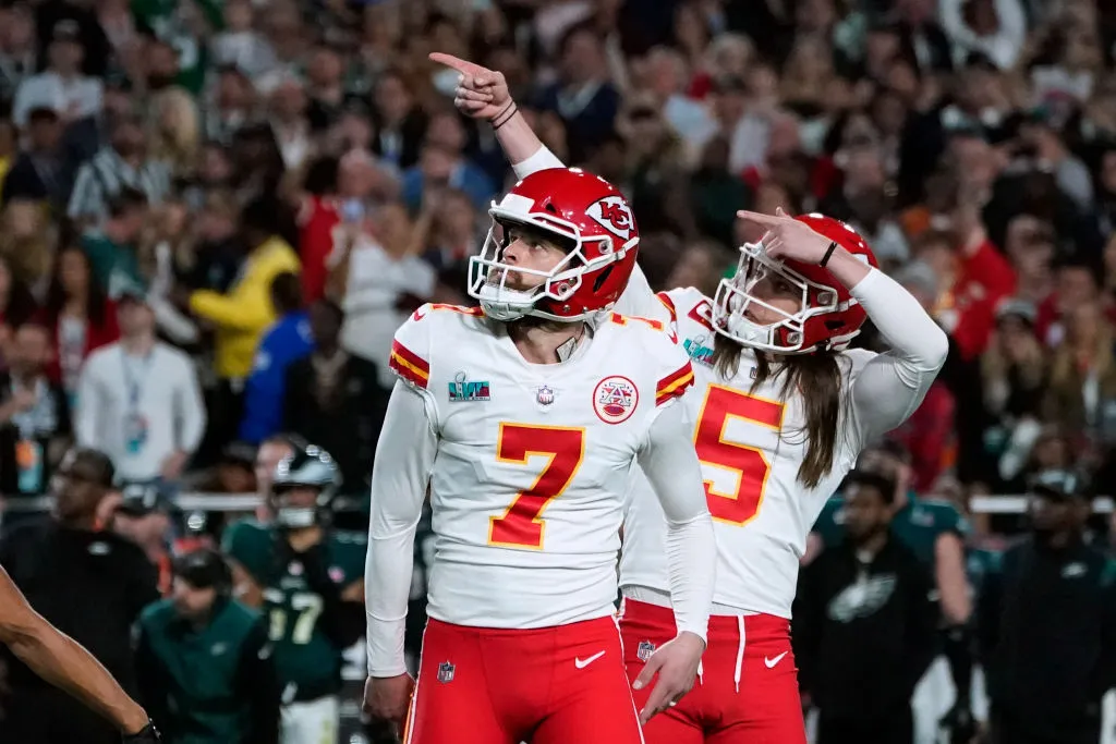 Kansas City Chiefs' kicker Harrison Butker (left) and Kansas City Chiefs' punter Tommy Townsend watch the ball during Super Bowl LVII between the Kansas City Chiefs and the Philadelphia Eagles at State Farm Stadium in Glendale, Arizona, on Feb. 12, 2023.?w=200&h=150