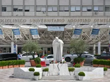 This photograph taken on June 11, 2023, shows the statue of the late Pope John Paul II at the entrance to the Gemelli hospital in Rome. Pope Francis underwent an operation for an abdominal hernia on June 7, 2023, at the Rome hospital.