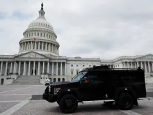 An armored police vehicle is positioned on the plaza between the U.S. Capitol and the Supreme Court after the court handed down its decision in Dobbs v Jackson Women's Health on June 24, 2022 in Washington, DC.