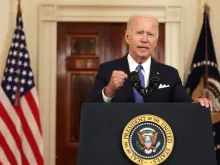 U.S. President Joe Biden addresses the Supreme Court’s decision on Dobbs v. Jackson Women's Health Organization to overturn Roe v. Wade June 24, 2022 in Cross Hall at the White House in Washington, DC.