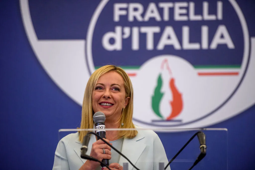 Giorgia Meloni, leader of the Fratelli d'Italia (Brothers of Italy), speaks at a press conference at the party electoral headquarters overnight on Sept. 26, 2022. in Rome. Italy’s national elections on Sept. 25 saw voters poised to elect Meloni, a Catholic mother, as the country's first female prime minister.?w=200&h=150