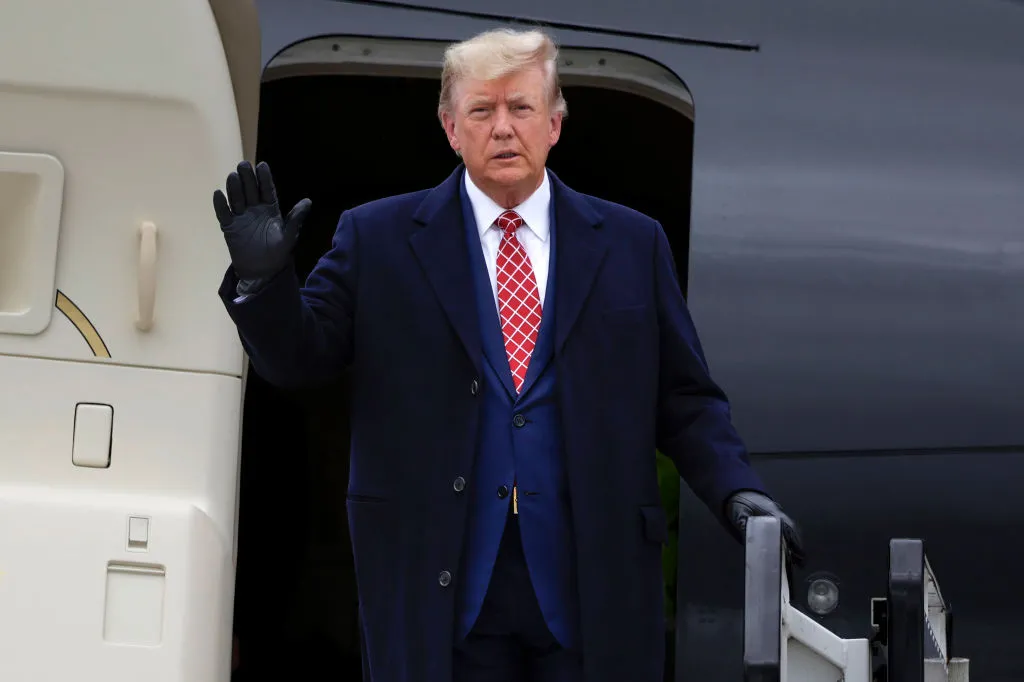 Former President Donald Trump disembarks his plane "Trump Force One" at Aberdeen Airport on May 1, 2023, in Aberdeen, Scotland.?w=200&h=150