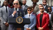 President Joe Biden welcomes the Kansas City Chiefs to the White House in Washington, D.C., June 5, 2023. Chiefs kicker Harrison Butker (back row, center) wore a tie with a pro-life message on it.