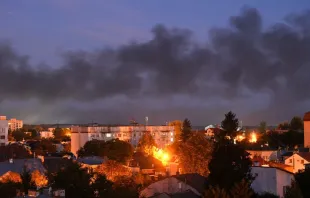 Black smoke billows over the city after drone strikes in the western Ukrainian city of Lviv on Sept. 19, 2023, amid Russia's military invasion on Ukraine. Drones attacked Ukraine's western city of Lviv early on Sept. 19, and explosions rang out, causing a warehouse fire and wounding at least one person. Credit: YURIY DYACHYSHYN/AFP via Getty Images