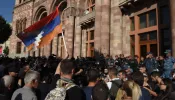Protestors gather in downtown Yerevan, Armenia, on Sept. 20, 2023, as separatists in Nagorno-Karabakh and Azerbaijan’s authorities announced they would cease hostilities, signaling the end of an “anti-terror” operation launched just one day earlier by Azerbaijan’s forces in the breakaway region.