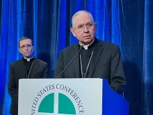 Archbishop José H. Gomez of Los Angeles, the outgoing president of the United States Conference of Catholic Bishops, speaking on Nov. 15, 2022, at the conference’s fall assembly in Baltimore.