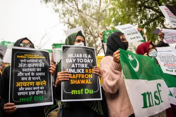 Members of All India Muslim Students Federation protest against the hijab ban in educational institutions by the Karnataka government at Delhi University in New Delhi, India, Feb. 9, 2022.