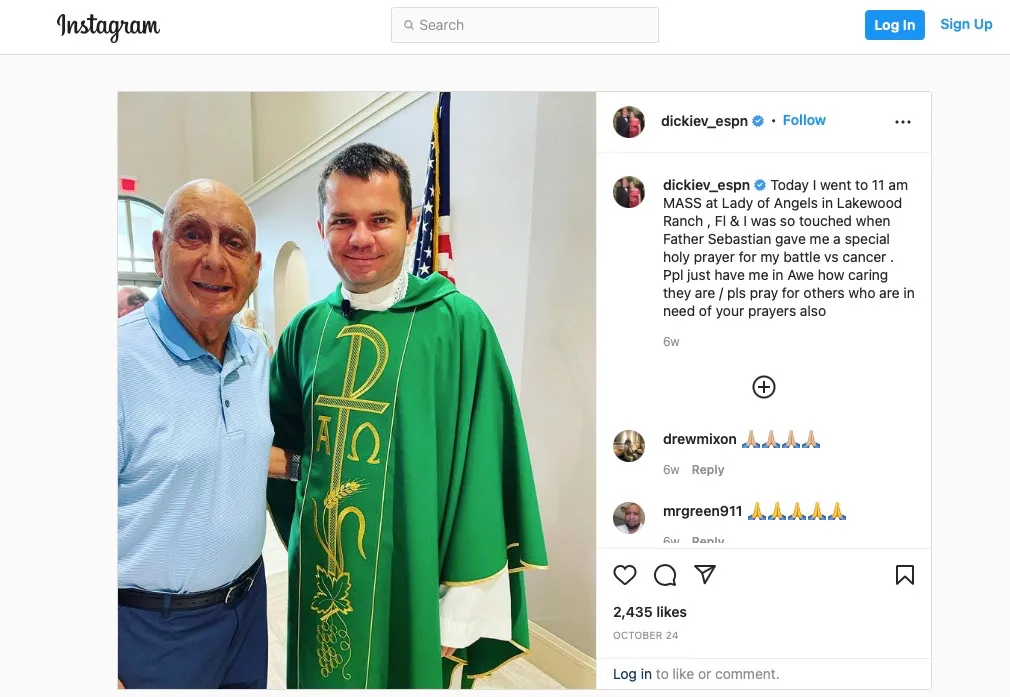 ESPN College basketball analyst Dick Vitale with Father Sebastian Szczawinski, the administrator of Vitale's parish, Our Lady of the Angeles, in Lakewood Ranch, Florida.?w=200&h=150