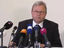 Bishop Franz-Josef Bode speaks during a press conference on Sept. 22, 2022, following the release of a report that said he mishandled abuse cases in the Diocese of Osnabrück, in northwestern Germany, which he has led since 1995.