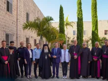 Israeli President Isaac Herzog visits the Stella Maris Monastery in Haifa on Aug. 9, 2023, following attacks by Jewish extremists against the site and other Christian places of worship in Israel.