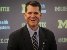 University of Michigan head coach Jim Harbaugh at his introductory press conference on Dec. 30, 2014.