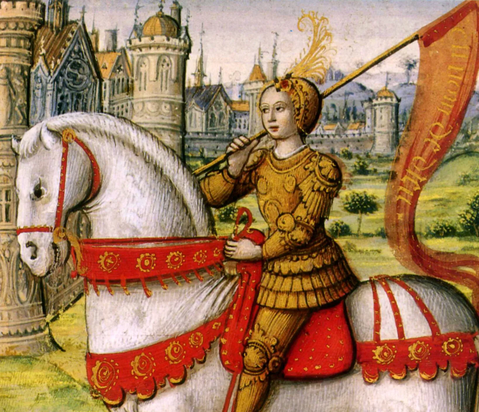 Joan of Arc depicted on horseback in an illustration from a 1504 manuscript.?w=200&h=150
