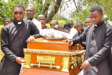 Priests protest at the funeral of Father Vitus Borogo in the archdiocese of Kaduna, Nigeria on June 30, 2022.
