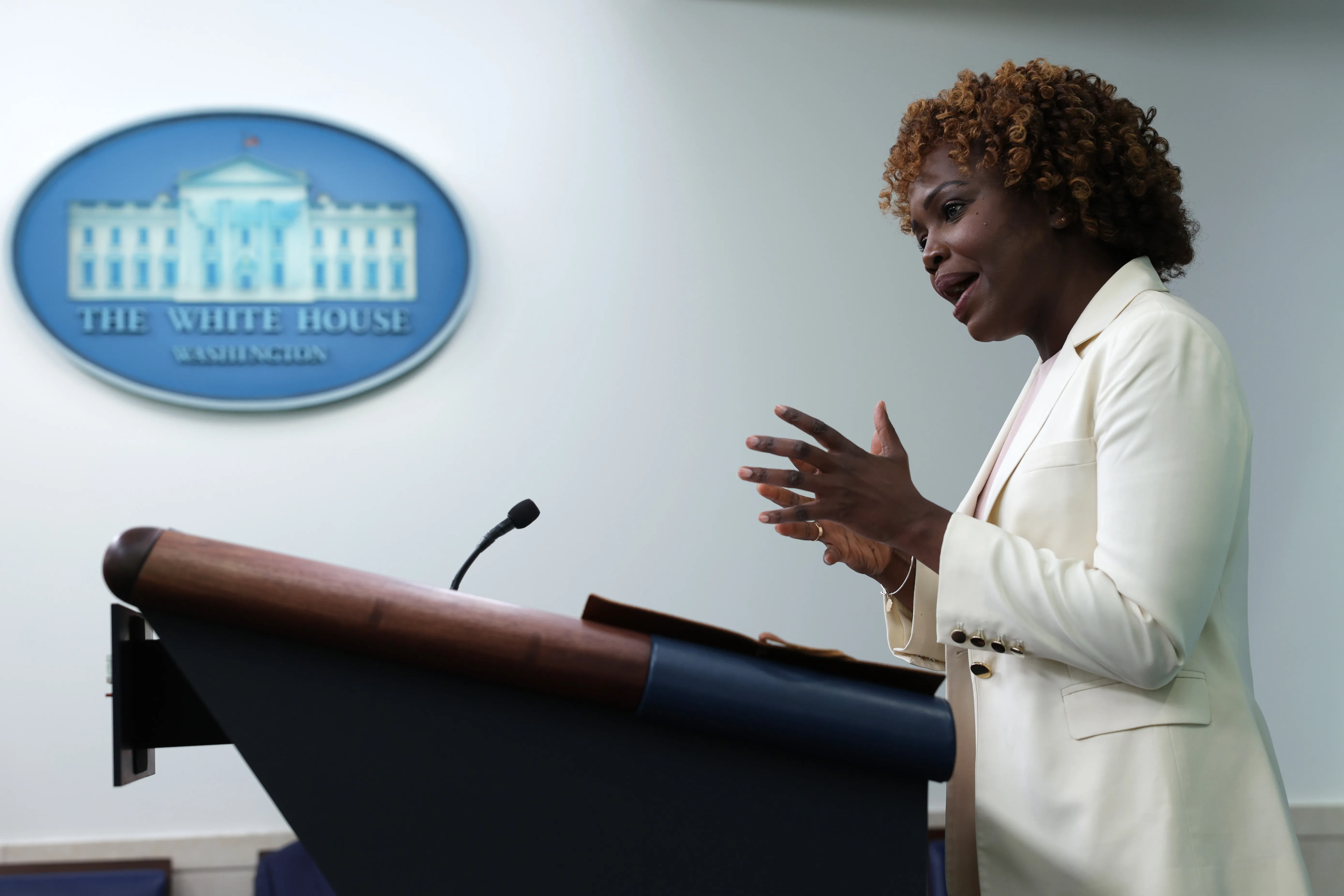 White House Press Secretary Karine Jean-Pierre speaks during a White House daily press briefing at the James S. Brady Press Room of the White House Aug. 25, 2022 in Washington, D.C.?w=200&h=150