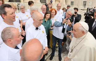 Pope Francis greeted victims of sexual abuse by members of the Church after the general audience on May 17, 2023. The victims arrived in Rome after making a pilgrimage by bicycle from Munich, Germany. Archdiocese of Munich and Freising
