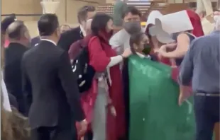 Costumed protesters struggle with personnel of the Cathedral of Our Lady of the Angels in Los Angeles during Mass on May 8, 2022. Screenshot from video provided by Bradford Adkins