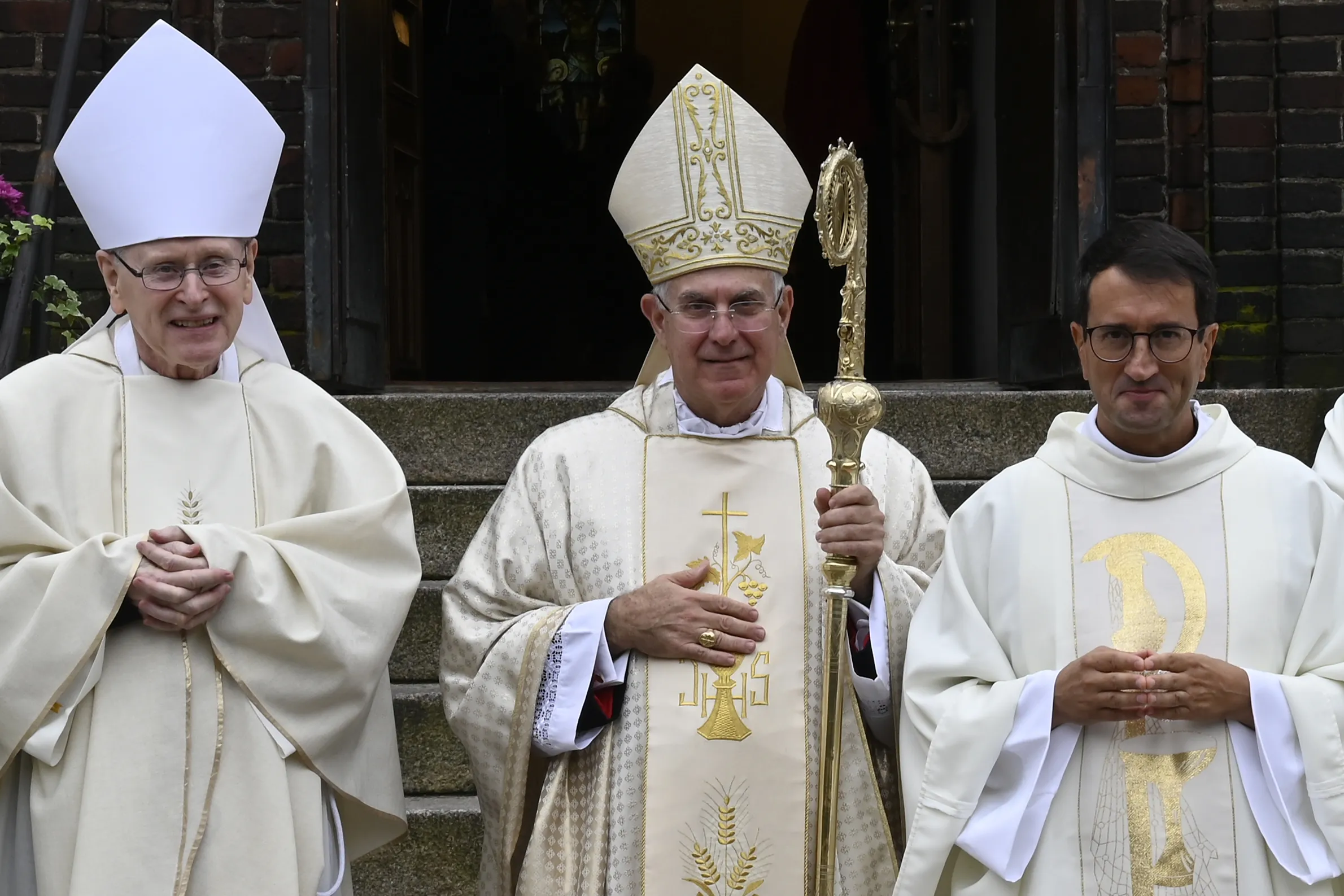 Bishop Emeritus of Helsinki Teemu Sippo, SCI (left), apostolic nuncio to the Nordic countries Archbishop Julio Murat, and bishop-elect Raimo Ramón Goyarrola Belda of Helsinki following a Mass at St. Henry's Cathedral on Sept. 29, 2023. Credit: Catholic Information Centre, Diocese of Helsinki