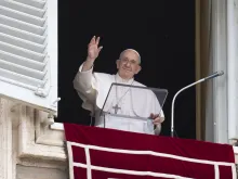 Pope Francis waves to pilgrims gathered in St. Peter's Square for the Regina Caeli on May 8, 2022.
