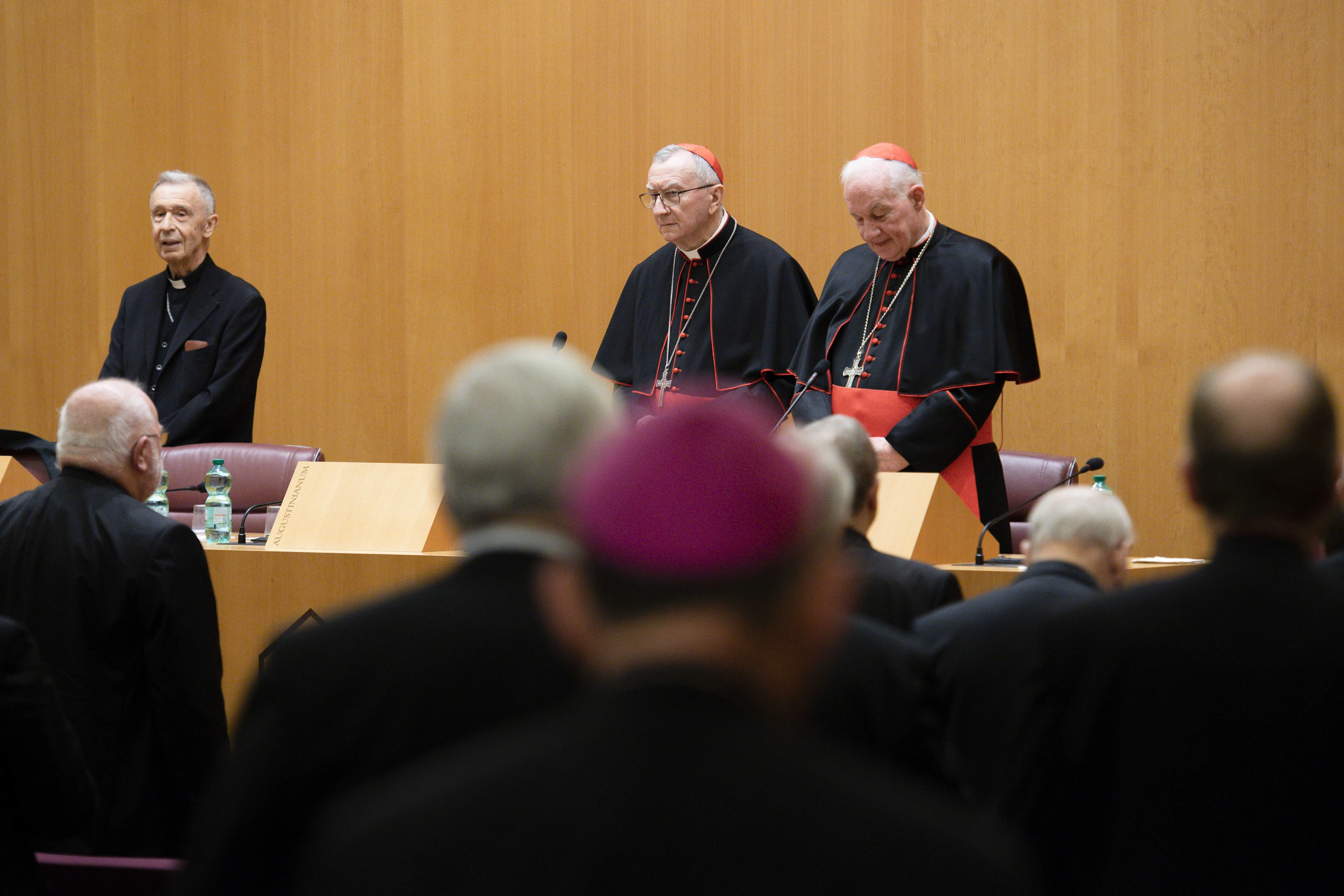 Facing the German bishops in Rome, Nov. 18, 2022: Cardinal Luis Ladaria Ferrer, SJ, prefect of the Dicastery of the Doctrine of the Faith; Cardinal Pietro Parolin, secretary of state; and Cardinal Marc Ouellet, PSS, prefect of the Dicastery of Bishops (from left).?w=200&h=150