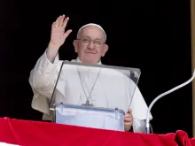 Pope Francis waves to pilgrims gathered in St. Peter's Square for his Angelus reflection on Sept. 10, 2023.