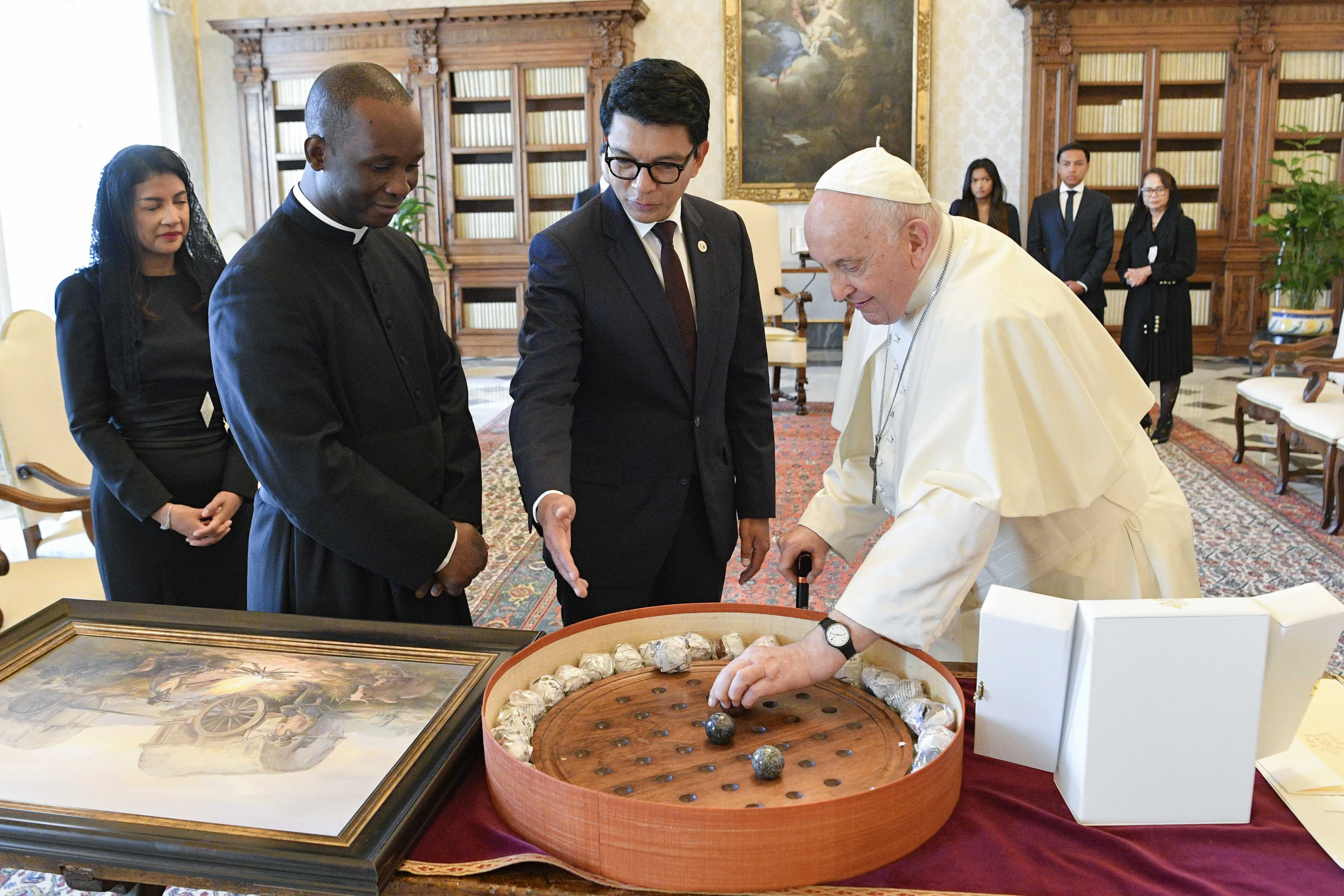 Madagascar's President Andry Nirina Rajoelina gave Pope Francis a solitaire game with marbles made from local Madagascar stones during a meeting at the Vatican Aug. 17, 2023. Vatican Media.