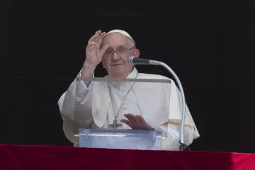 Pope Francis waves to the crowd during his Angelus address on June 25, 2023.