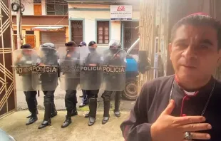 Bishop José Álvarez Lagos is surrounded by police officers on Aug. 4, 2022. The bishop's detention was cited in a Sept. 13, 2022, U.N. human-rights report. Diocese Media TV Merced / Diocese of Matagalpa