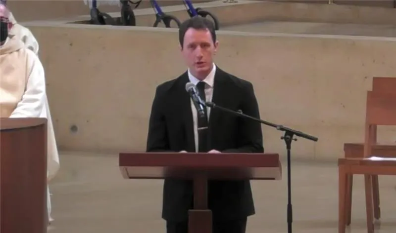 Bishop David O'Connell's nephew, David O'Connell, speaks at the bishop's funeral Mass at the Cathedral of Our Lady of the Angels in downtown Los Angeles on March 3, 2023. Credit: YouTube/olaCathedral