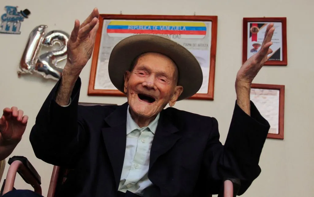 112-year-old Venezuelan farmer Vicente Pérez gestures at his home in San Jose de Bolivar, Tachira state, Venezuela, on Jan. 24, 2022. Guinness World Records has officially recognized Pérez as the oldest living man following the death of a Spaniard who was the previous holder of the title,?w=200&h=150