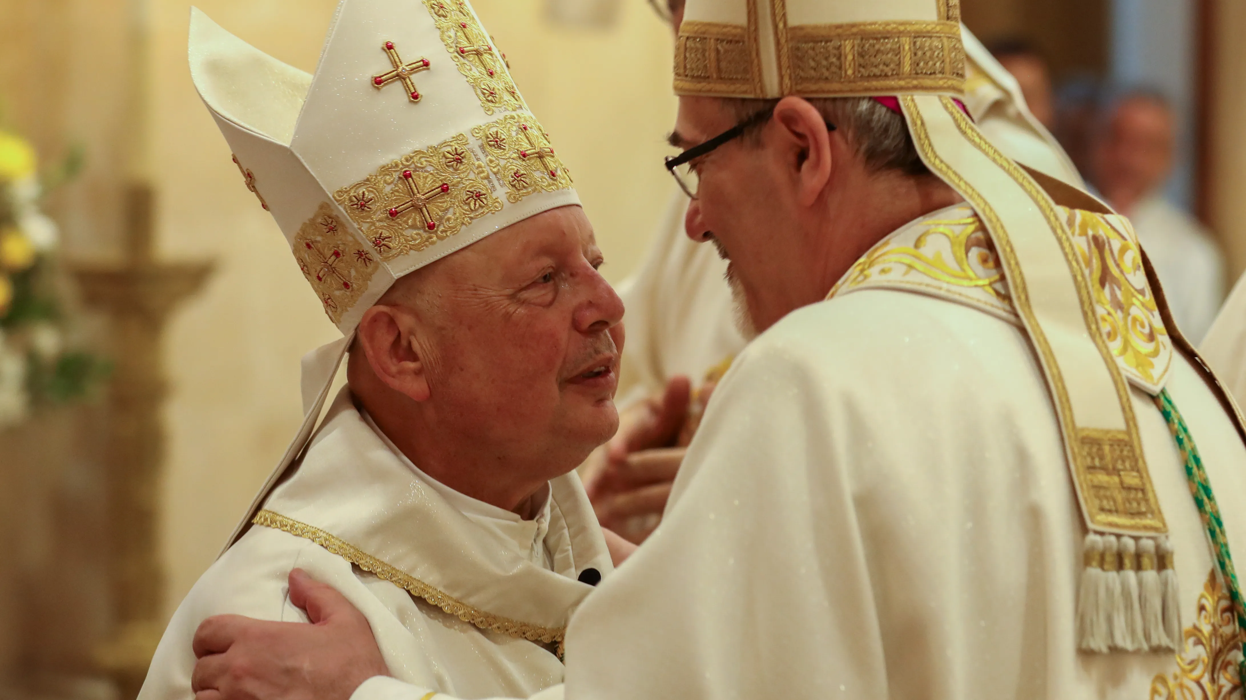 After his ordination Sept. 17, 2023, Bishop Hanna Jallouf, OFM, embraces the Latin patriarch of Jerusalem, Pierbattista Pizzaballa, who as custos of the Holy Land (2004-2016) was his direct superior. Credit: Photo courtesy of TEWK CENTER