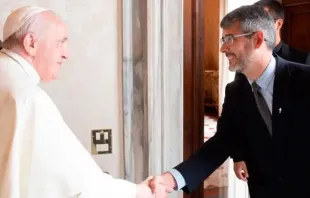 Pope Francis greets José David Correa González, superior general of the Sodalitium Christianae Vitae, at the Vatican, Oct. 30, 2021. Sodalicio.org