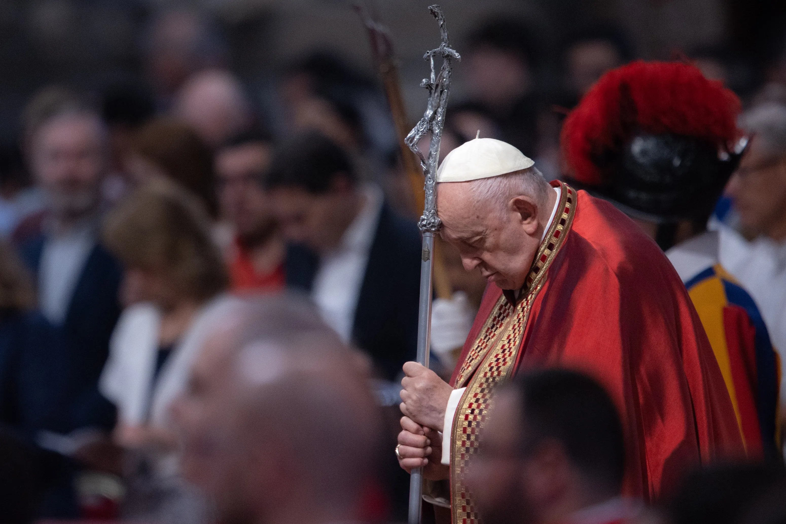 Pope Francis prays during Pentecost Mass in St. Peter’s Basilica on May 28, 2023. Daniel Ibáñez/CNA