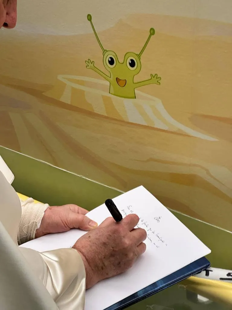 Pope Francis visits the pediatric oncology ward of Gemelli Hospital during his own hospital stay on March 31, 2023. Credit: Vatican Media