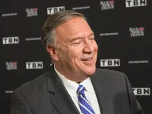 Former Secretary of State Mike Pompeo speaks on the red carpet at the premiere of the film "Route 60: The Biblical Highway" on Sept. 12, 2023.