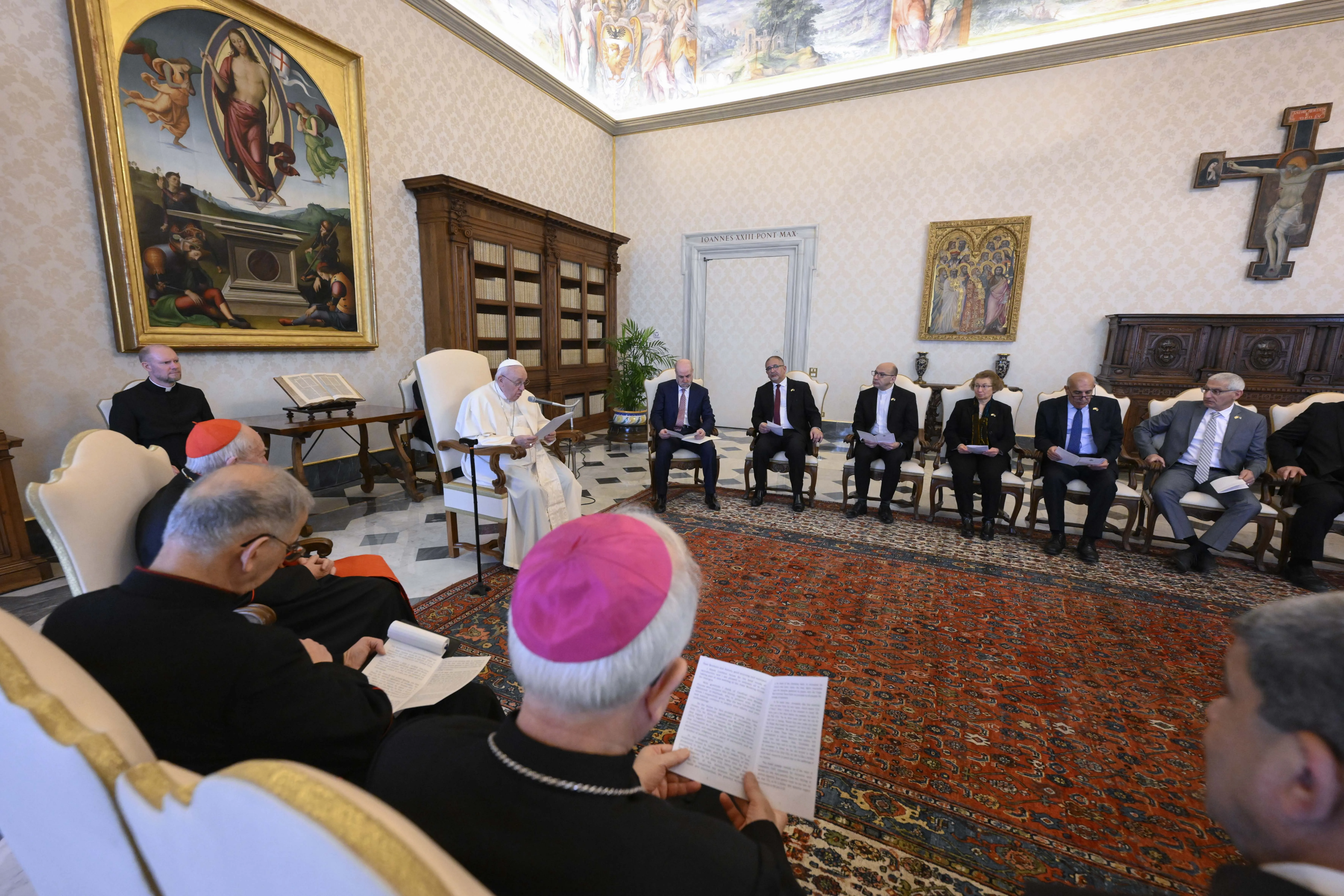 Pope Francis on March 9, 2023, meets with members of the Joint Working Group for Dialogue between the Dicastery for Interreligious Dialogue and the Palestinian Commission for Interreligious Dialogue. Vatican Media
