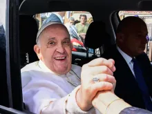 Pope Francis greeted the crowd gathered outside of the hospital after he was discharged on the morning of April 1, 2023.
