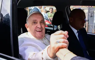 Pope Francis greeted the crowd gathered outside of the hospital after he was discharged on the morning of April 1, 2023. Vatican Media